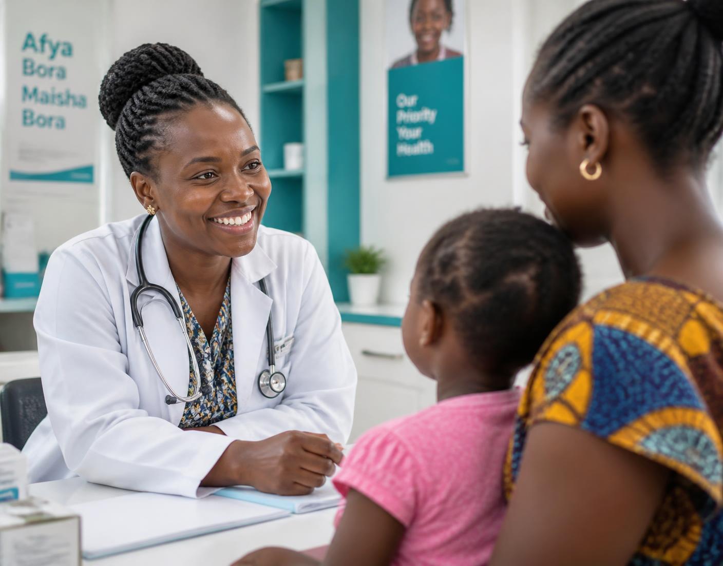 A doctor at Renice Medical Center smiling with a mother and her child during a consultation